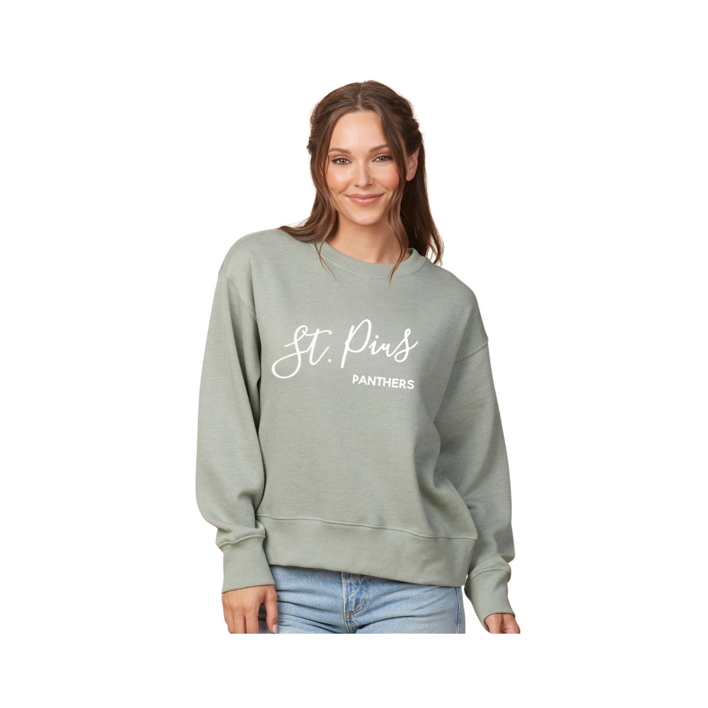 Embroidered  St. Pius Panthers Blooming Script Ladies Boxy Crewneck |  SPX EL