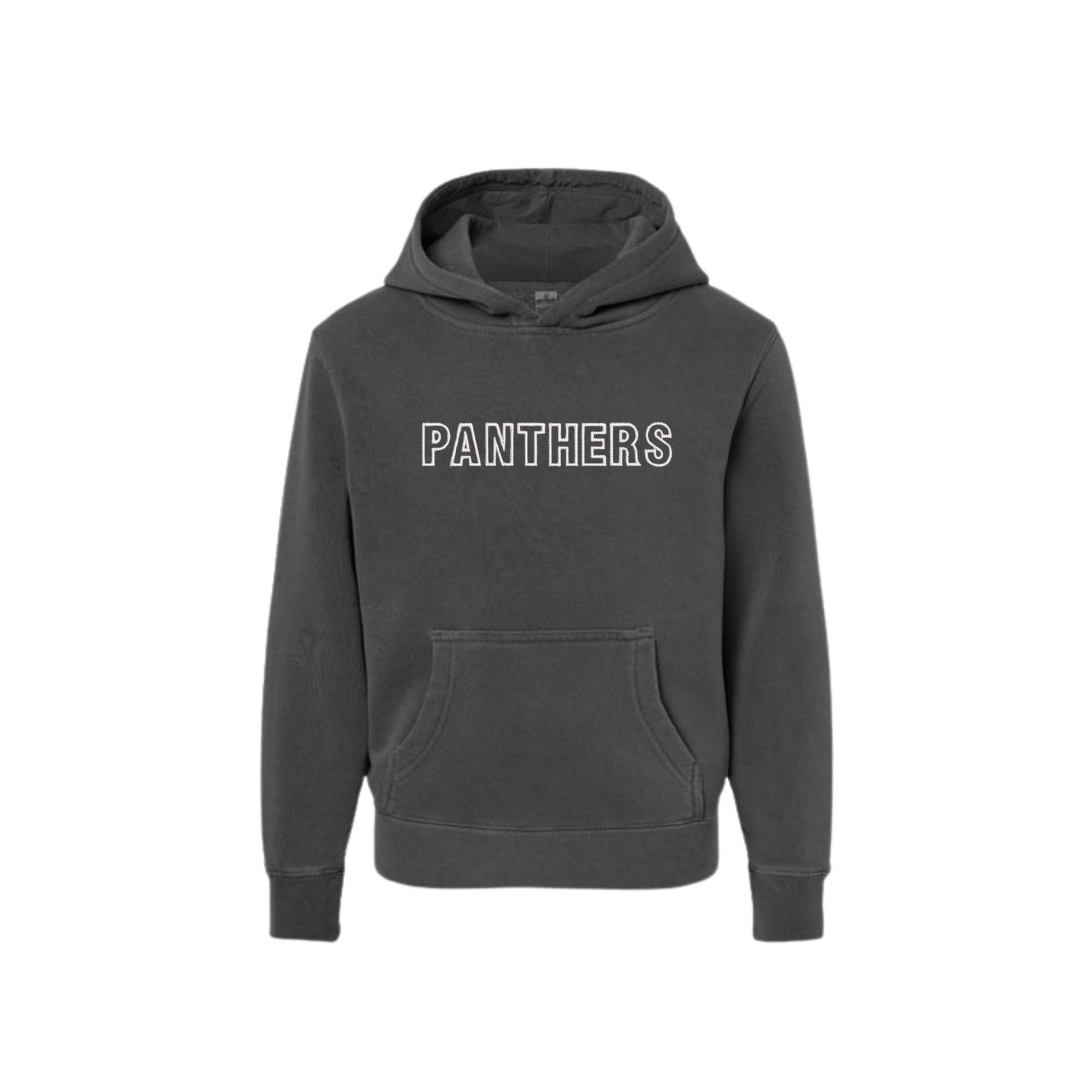 Gray hoodie with 'PANTHERS' text on a white background