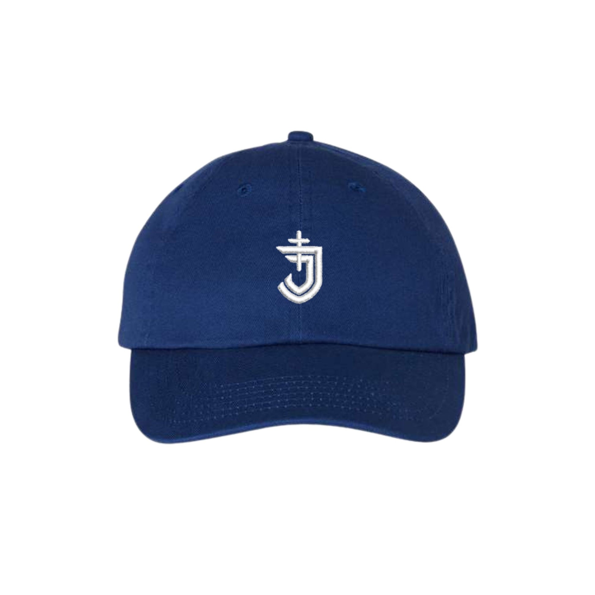 Blue cap with a white logo on a white background