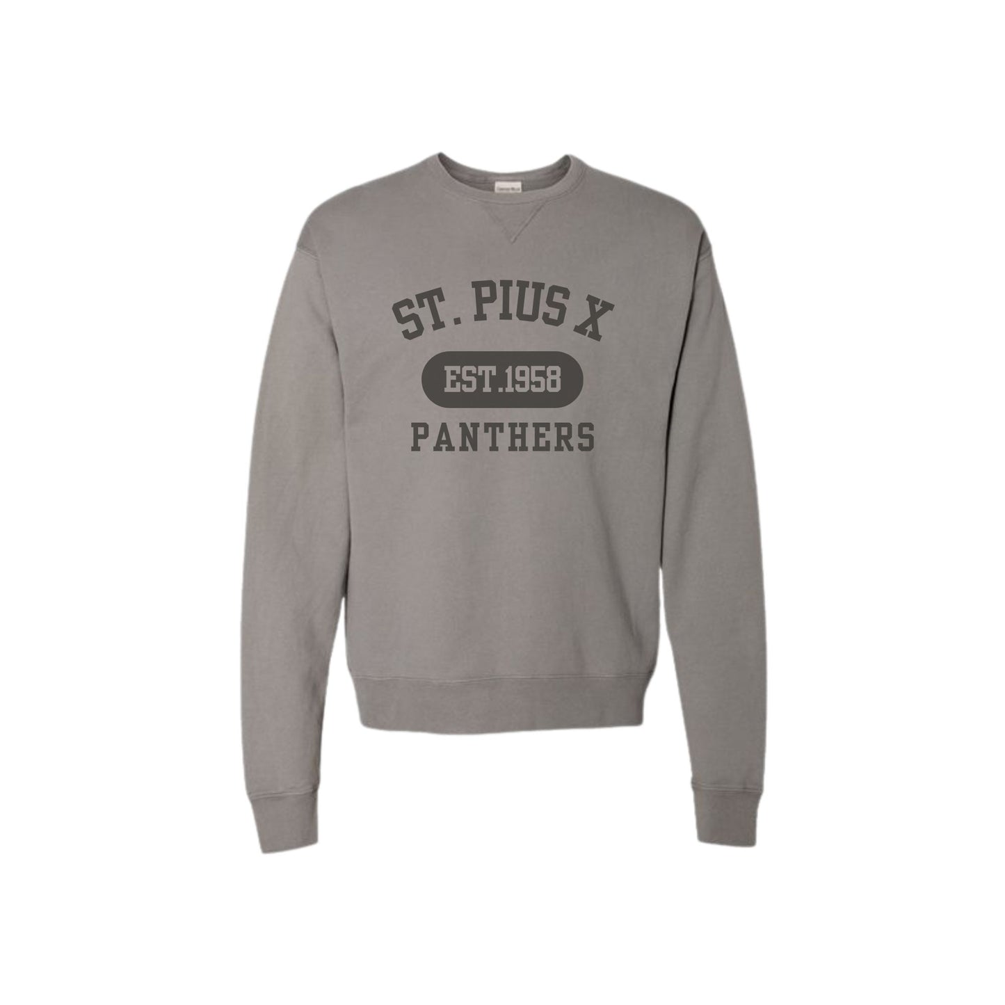 Gray sweatshirt with 'St. Pius X Panthers' text on a white background