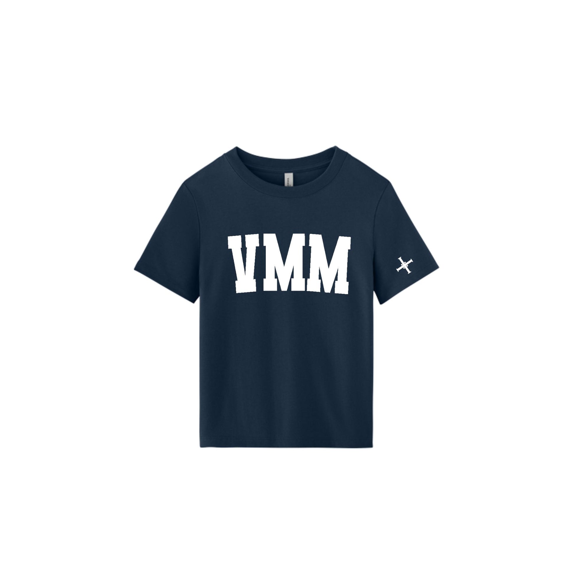 A navy blue short-sleeve t-shirt with 'VMM' printed in bold white block letters across the chest and a small white cross logo on the left sleeve, shown on a plain white background.
