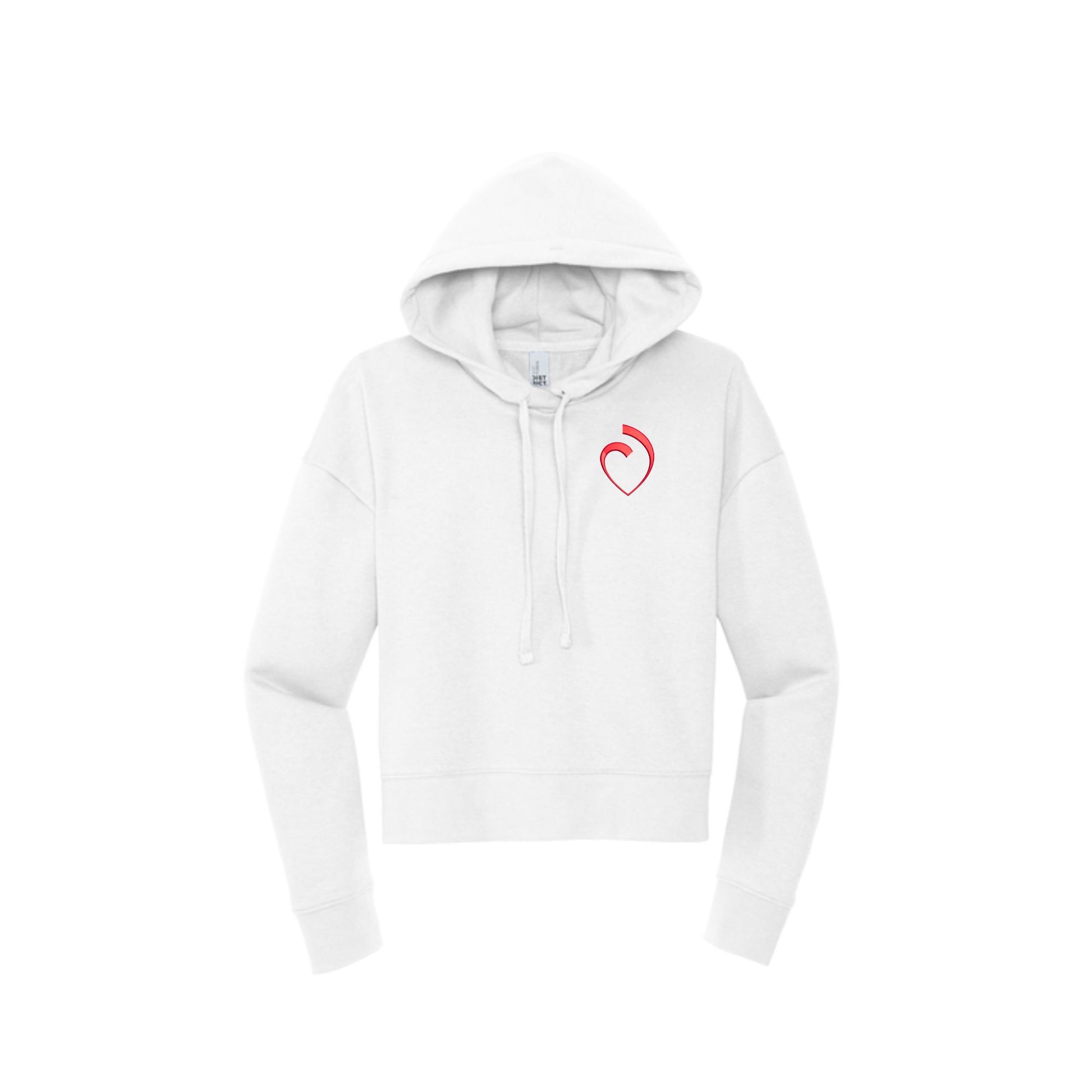 white cropped women's hoodie with custom embroidered sacred heart logo in red thread on the left chest