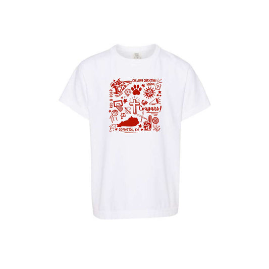 white comfort colors t-shirt with custom calvary christians doodle design in red ink