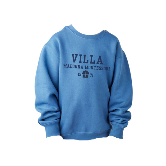 Blue sweatshirt with 'Villa Madonna Montessori' text on a white background