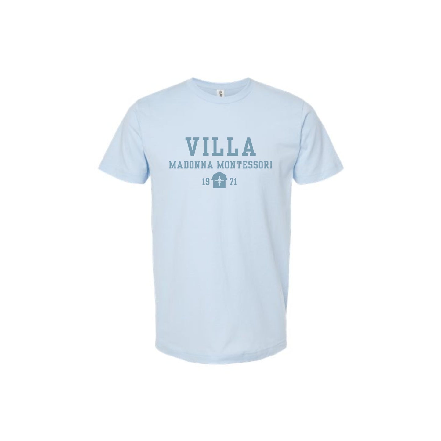 A light blue short-sleeve crewneck t-shirt with a dark blue graphic print on the chest reading 'VILLA MADONNA MONTESSORI 1971'.
