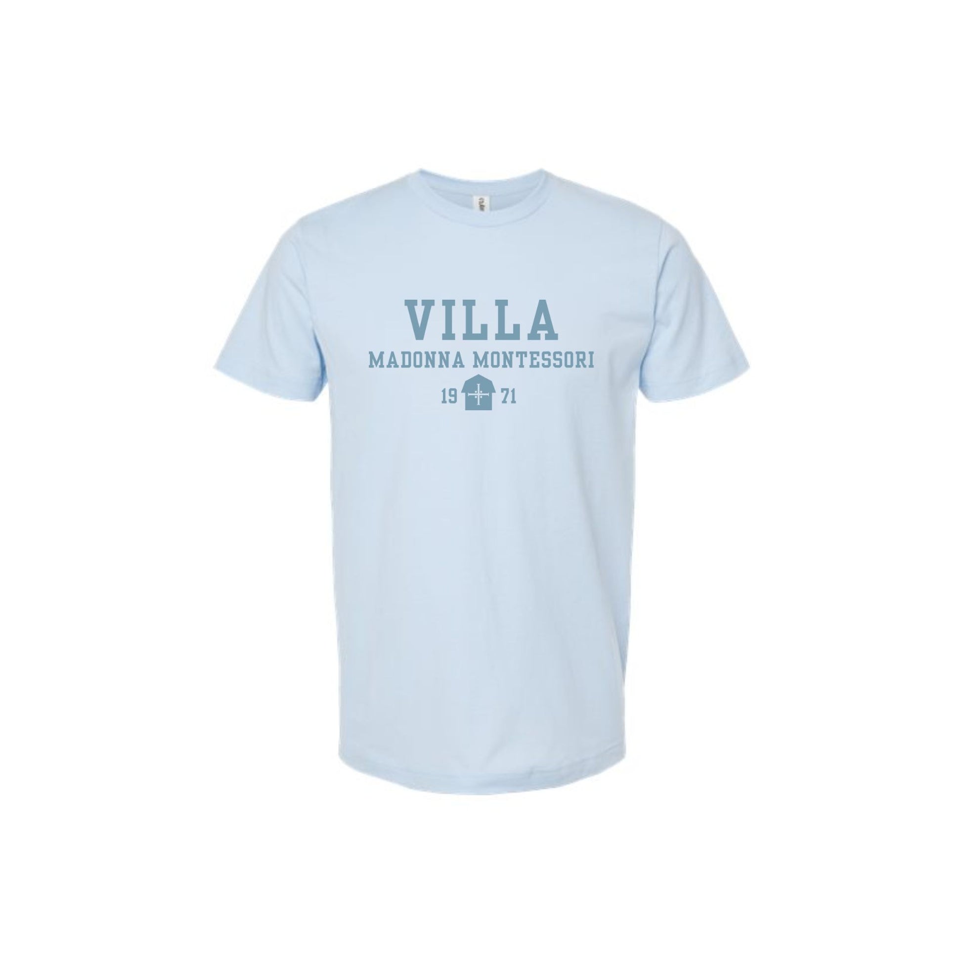 A light blue short-sleeve crewneck t-shirt with a dark blue graphic print on the chest reading 'VILLA MADONNA MONTESSORI 1971'.