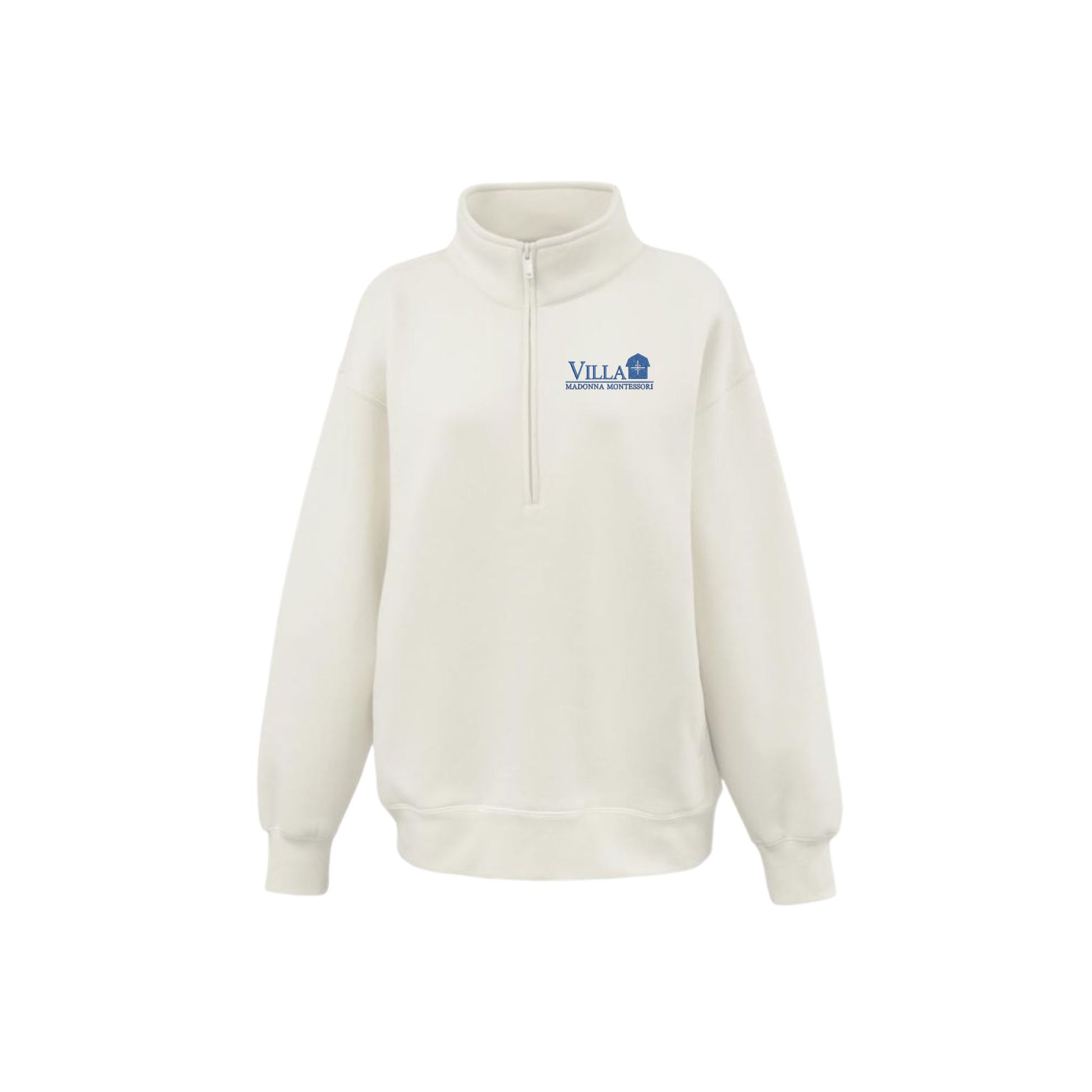 An off-white quarter-zip sweatshirt with a blue 'Villa Madonna Montessori' logo printed on the left chest, displayed on a clean white background.