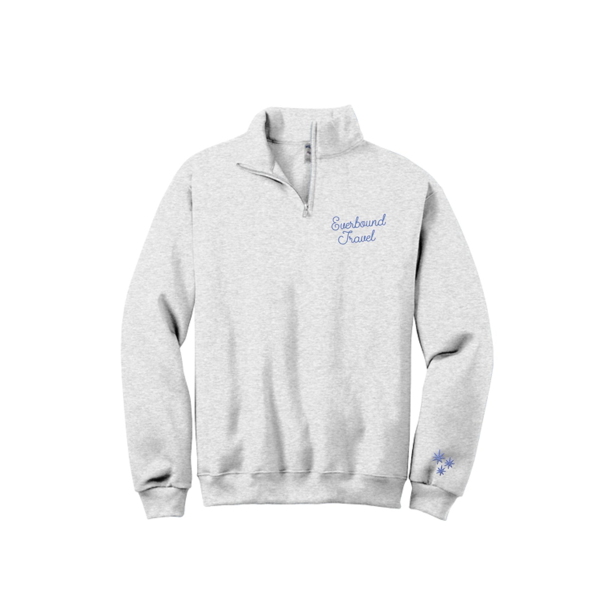 Gray sweatshirt with 'Everbound Travel' logo on a white background