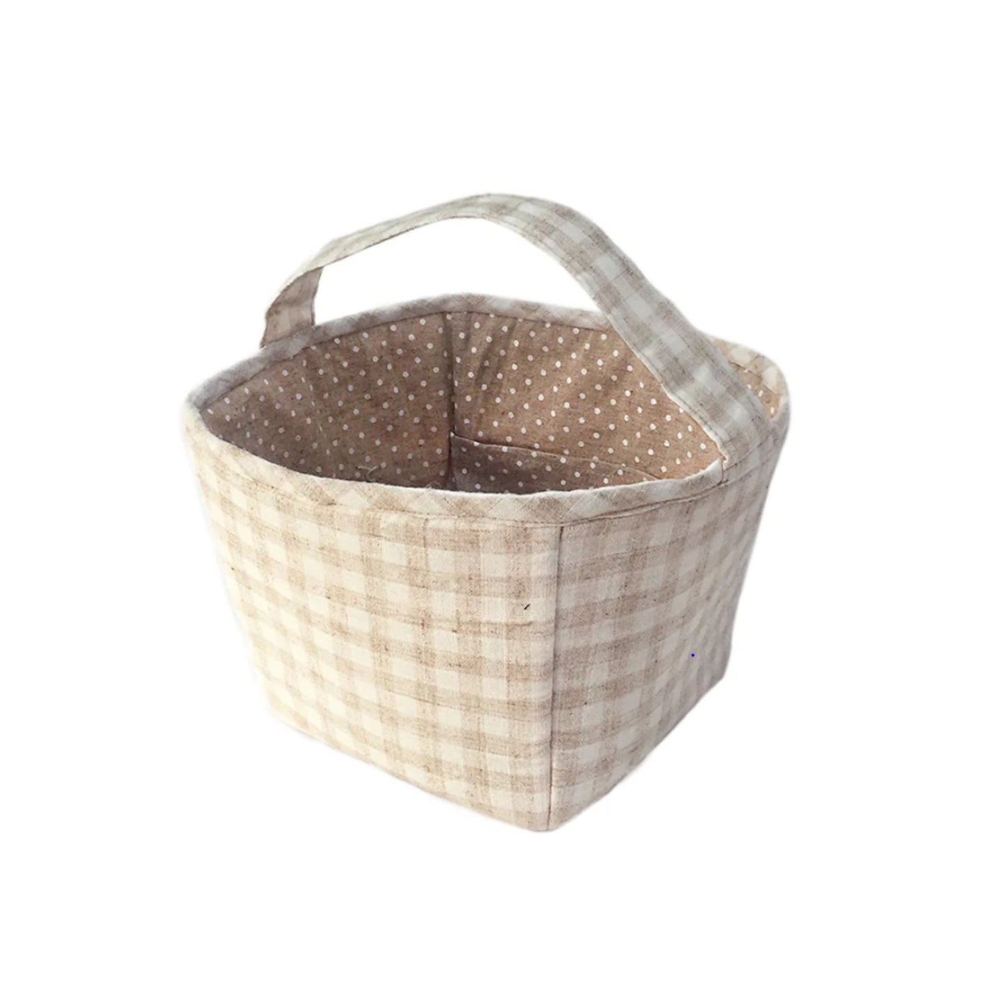 Fabric storage basket with a checkered pattern on a white background