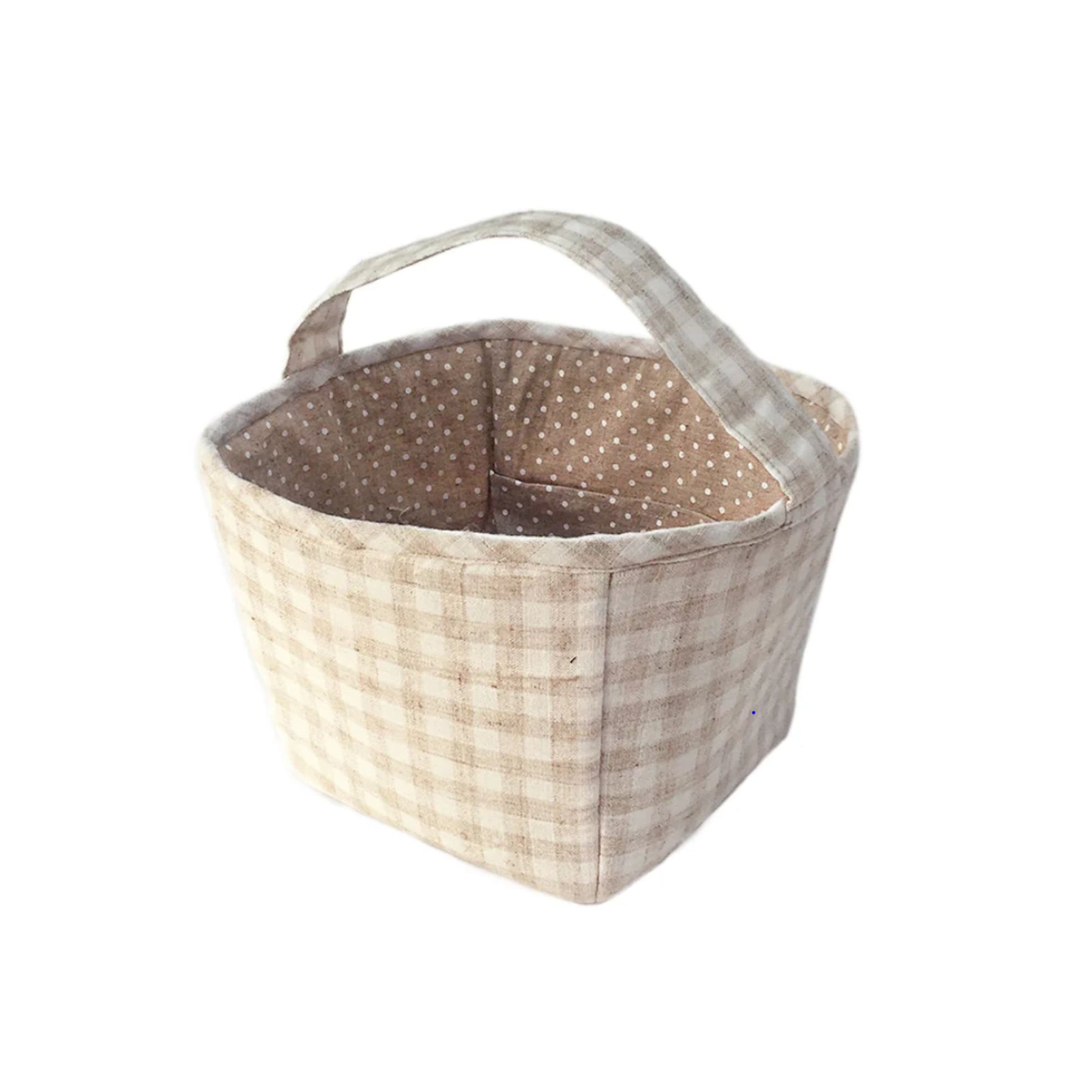 Fabric storage basket with a checkered pattern on a white background