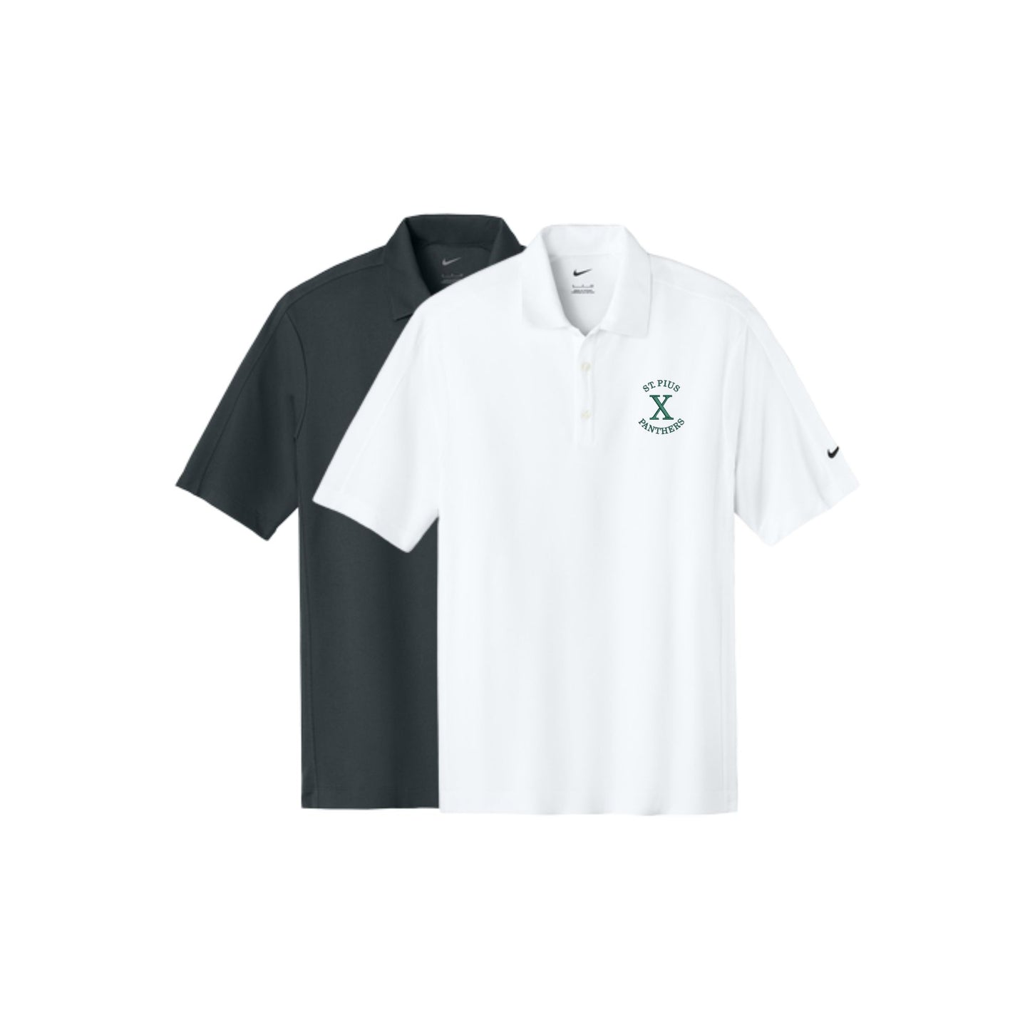 Two polo shirts, one black and one white, on a white background