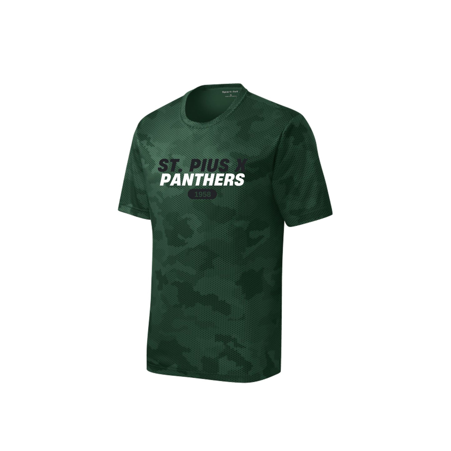 Green t-shirt with 'St. Pius X Panthers' text on a white background