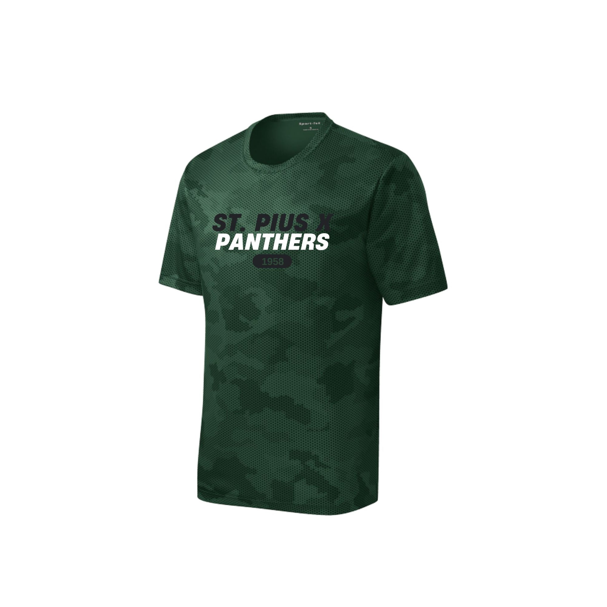 Green t-shirt with 'St. Pius X Panthers' text on a white background