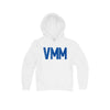 White hoodie with blue 'VMM' logo on a white background