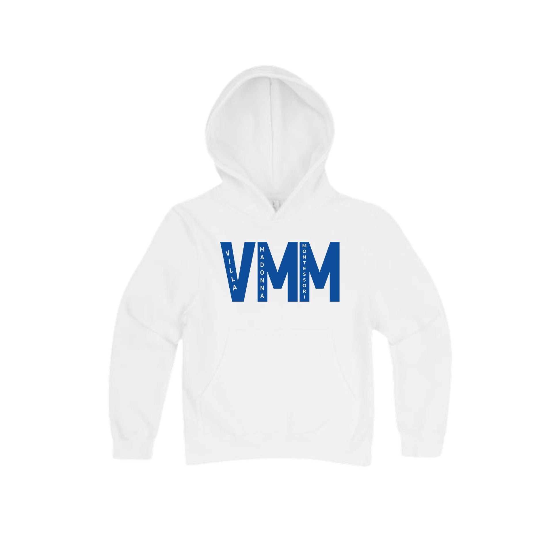 White hoodie with blue 'VMM' logo on a white background
