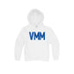 White hoodie with blue 'VMM' logo on a white background