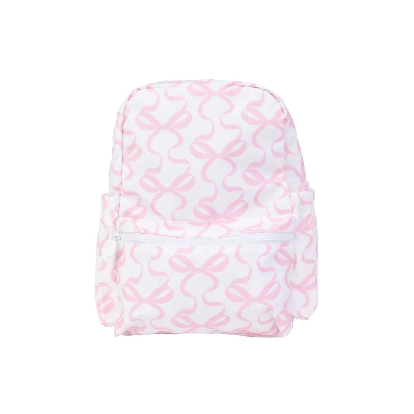 Pink and white bow patterned backpack on a white background