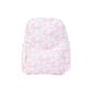 Pink and white bow patterned backpack on a white background