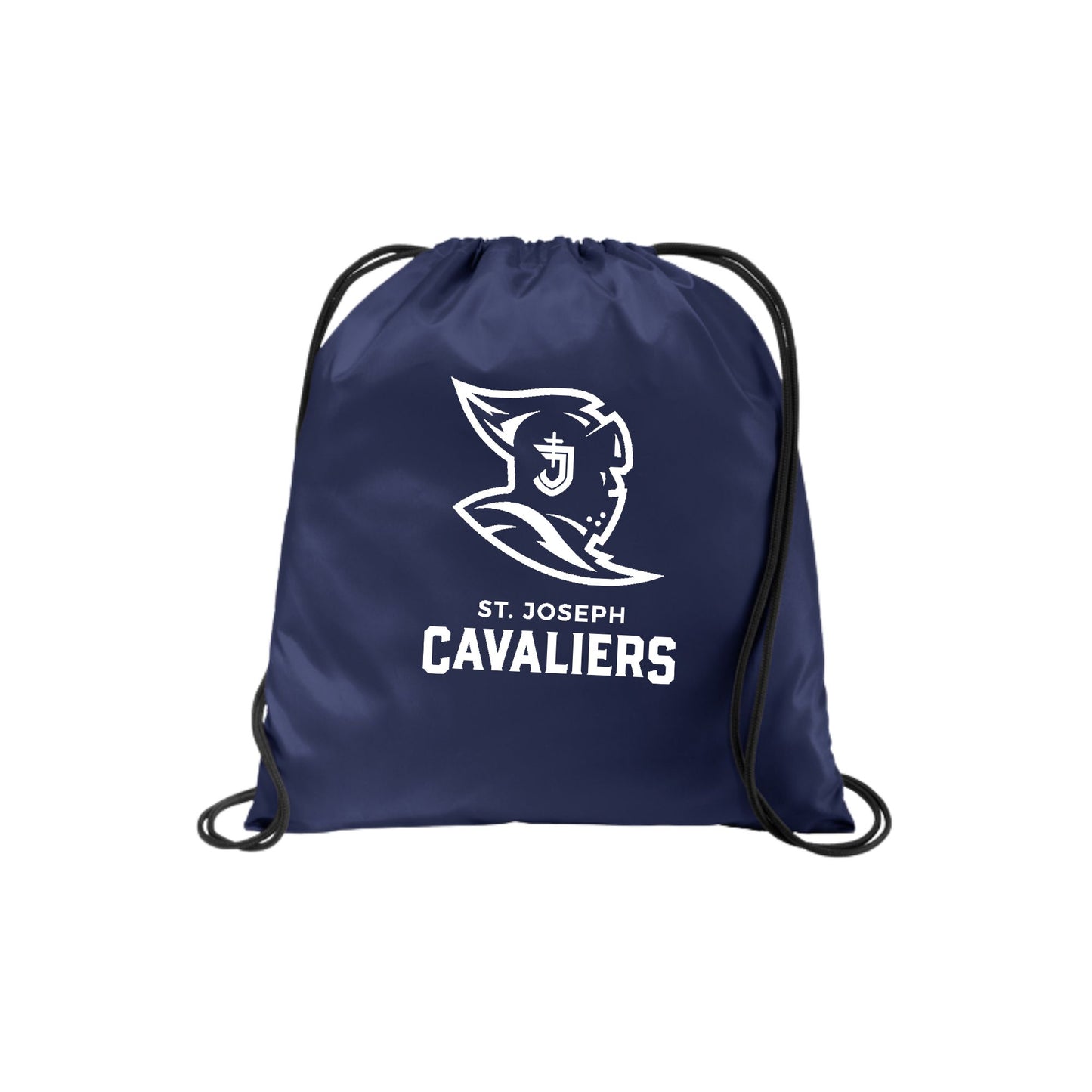 A navy blue drawstring backpack featuring a white printed St. Joseph Cavaliers logo and text on the front, set against a plain white background.