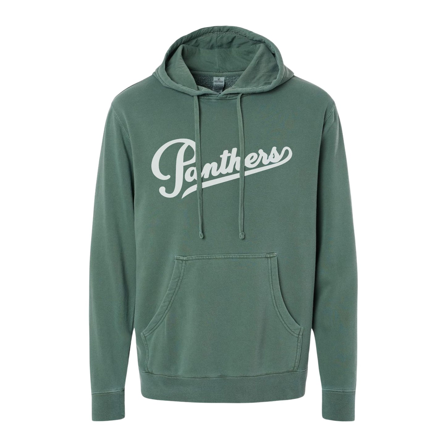 green hooded sweatshirt with printed panthers design