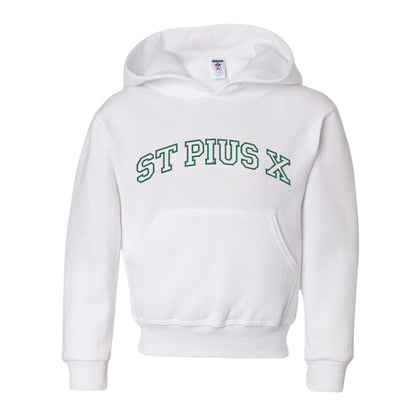 white youth hooded sweatshirt with st pius x embroidered across the chest