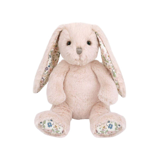 Plush bunny toy with floral details on a white background