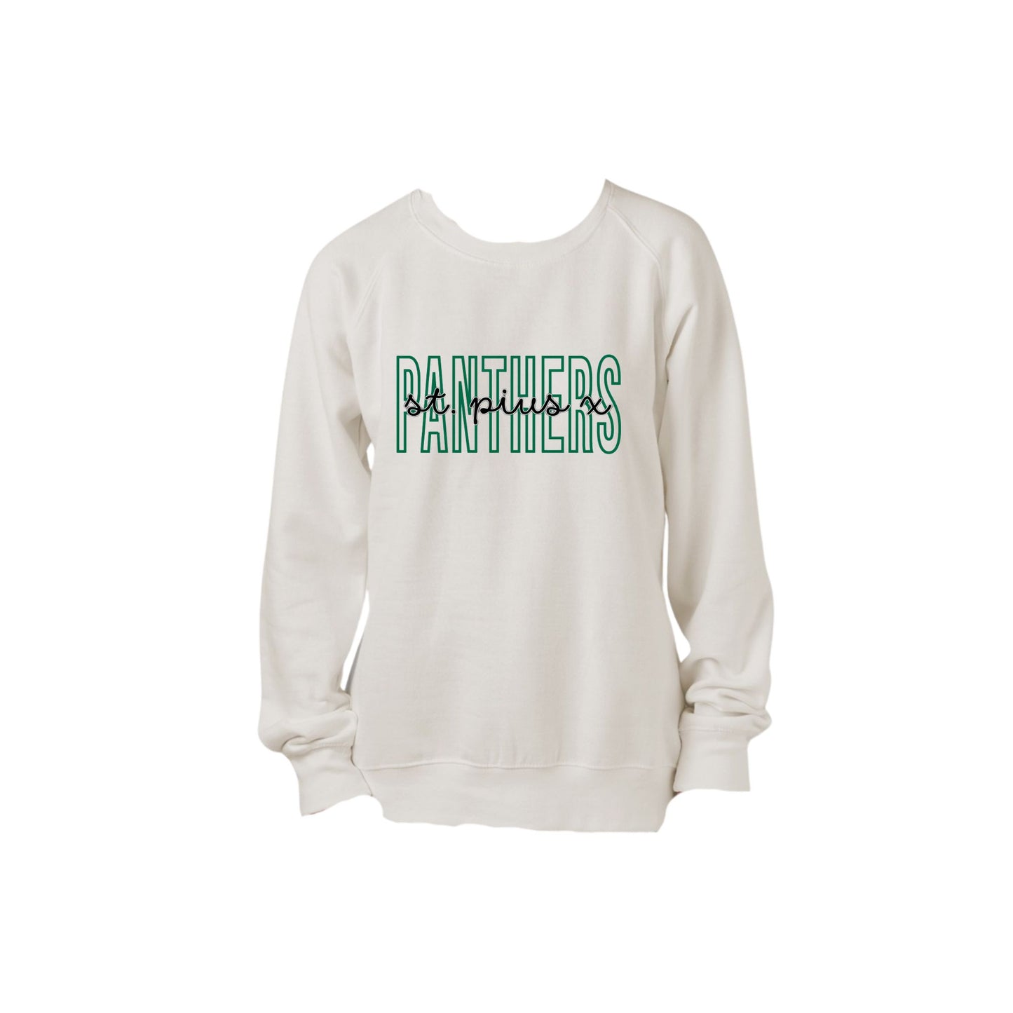 White sweatshirt with 'Panthers' text on a white background