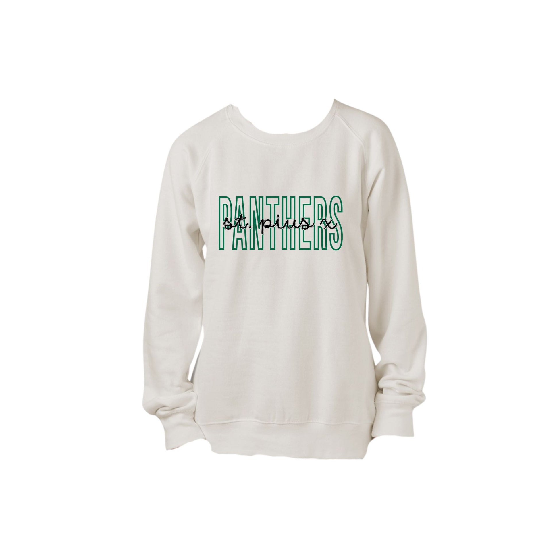 White sweatshirt with 'Panthers' text on a white background