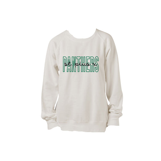 White sweatshirt with 'Panthers' text on a white background