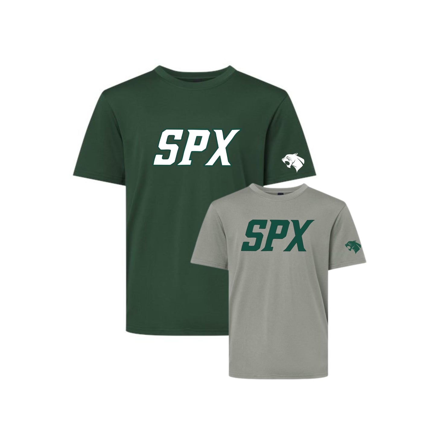 forest performance t-shirt featuring the letters 'SPX' printed in white across the chest and a small white panther logo on the right sleeve, displayed on a solid white background. A light gray crewneck t-shirt featuring the letters 'SPX' printed in dark green across the chest and a small dark green panther logo on the right sleeve, displayed on a solid white background.