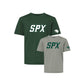 forest performance t-shirt featuring the letters 'SPX' printed in white across the chest and a small white panther logo on the right sleeve, displayed on a solid white background. A light gray crewneck t-shirt featuring the letters 'SPX' printed in dark green across the chest and a small dark green panther logo on the right sleeve, displayed on a solid white background.