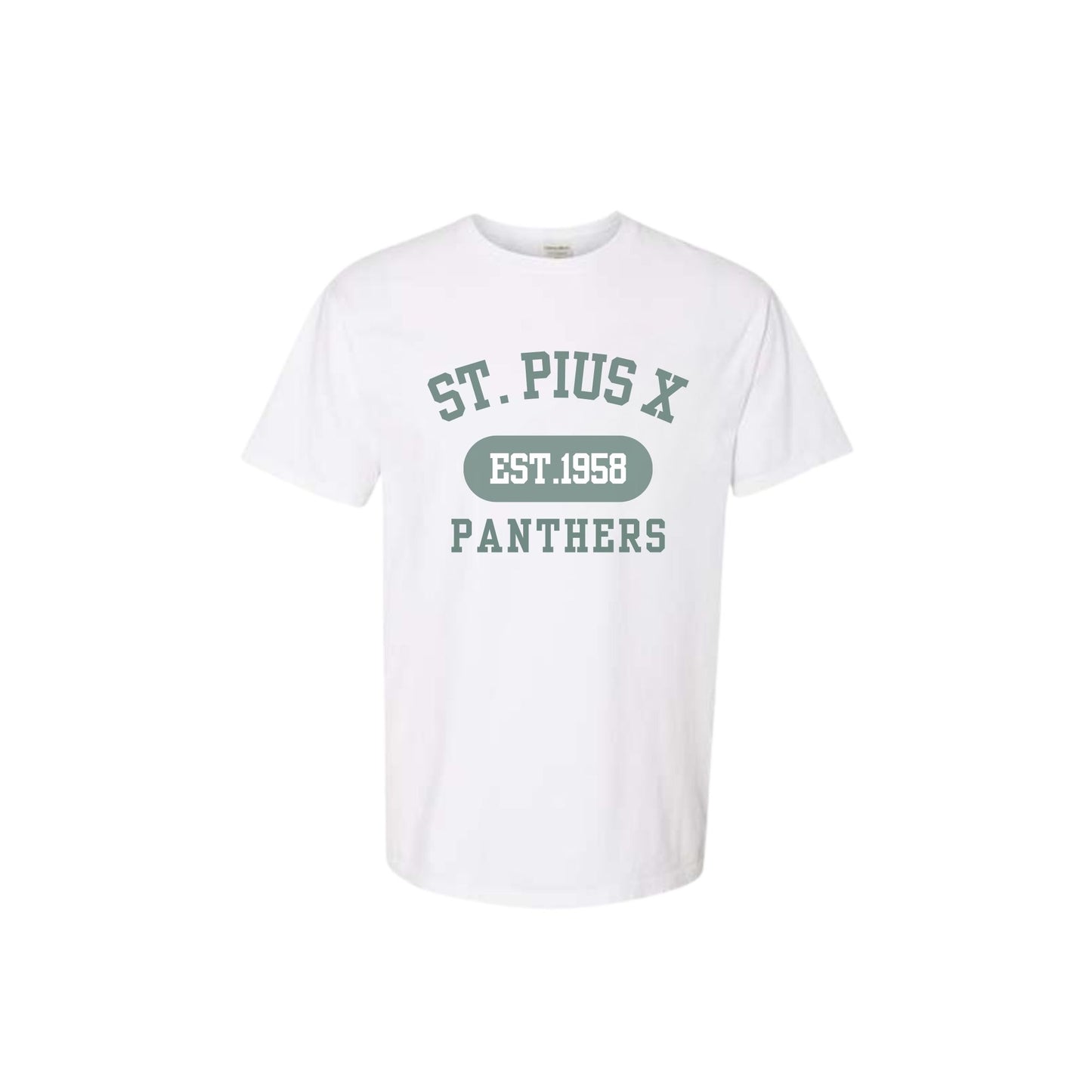 White t-shirt with 'St. Pius X Panthers' text on a white background