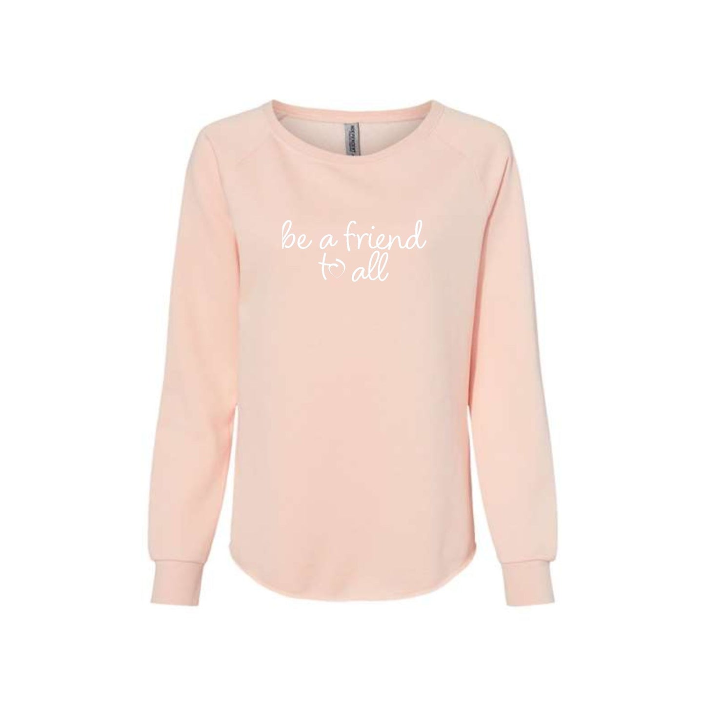 blush wave wash women's crewneck with a be a friend to all sacred heart schools print in red across the chest