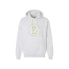 Gray hoodie with a green logo on a white background