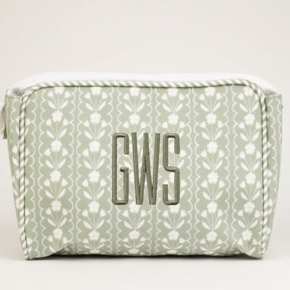 Green floral-patterned pouch with 'GWS' monogram on a white background
