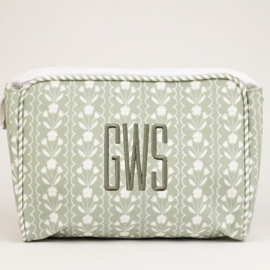 Green floral-patterned pouch with 'GWS' monogram on a white background