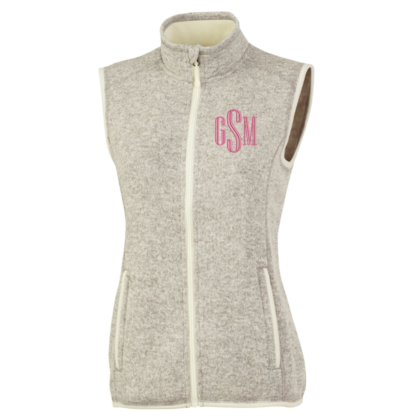 oatmeal knit fleece vest with 
 pink monogram on the left chest