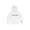 white hoodie with 'PANTHERS' embroidered in open athletic block font and green thread on the center chest and a paw print embroidered on the cuff