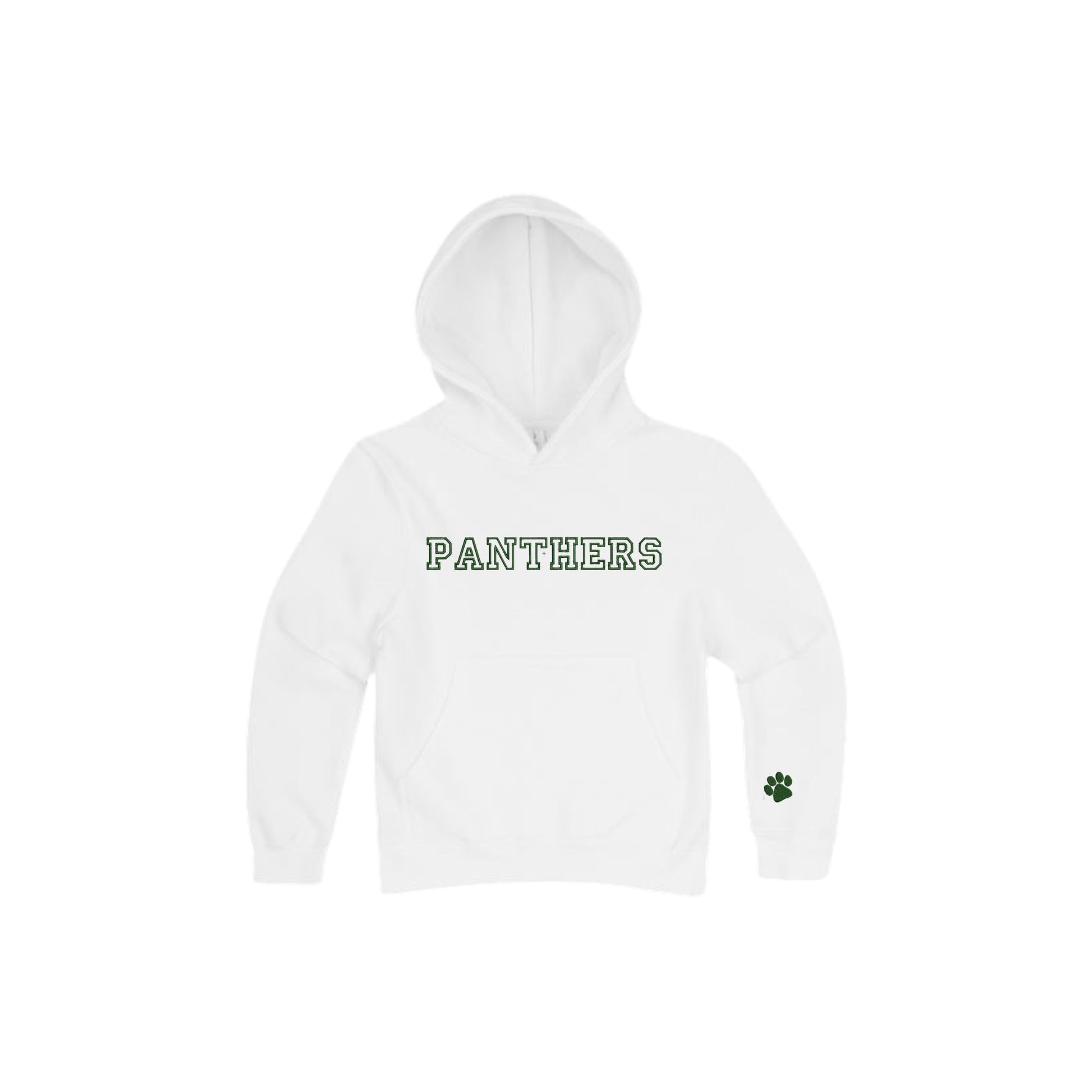 white hoodie with 'PANTHERS' embroidered in open athletic block font and green thread on the center chest and a paw print embroidered on the cuff
