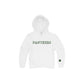 white hoodie with 'PANTHERS' embroidered in open athletic block font and green thread on the center chest and a paw print embroidered on the cuff