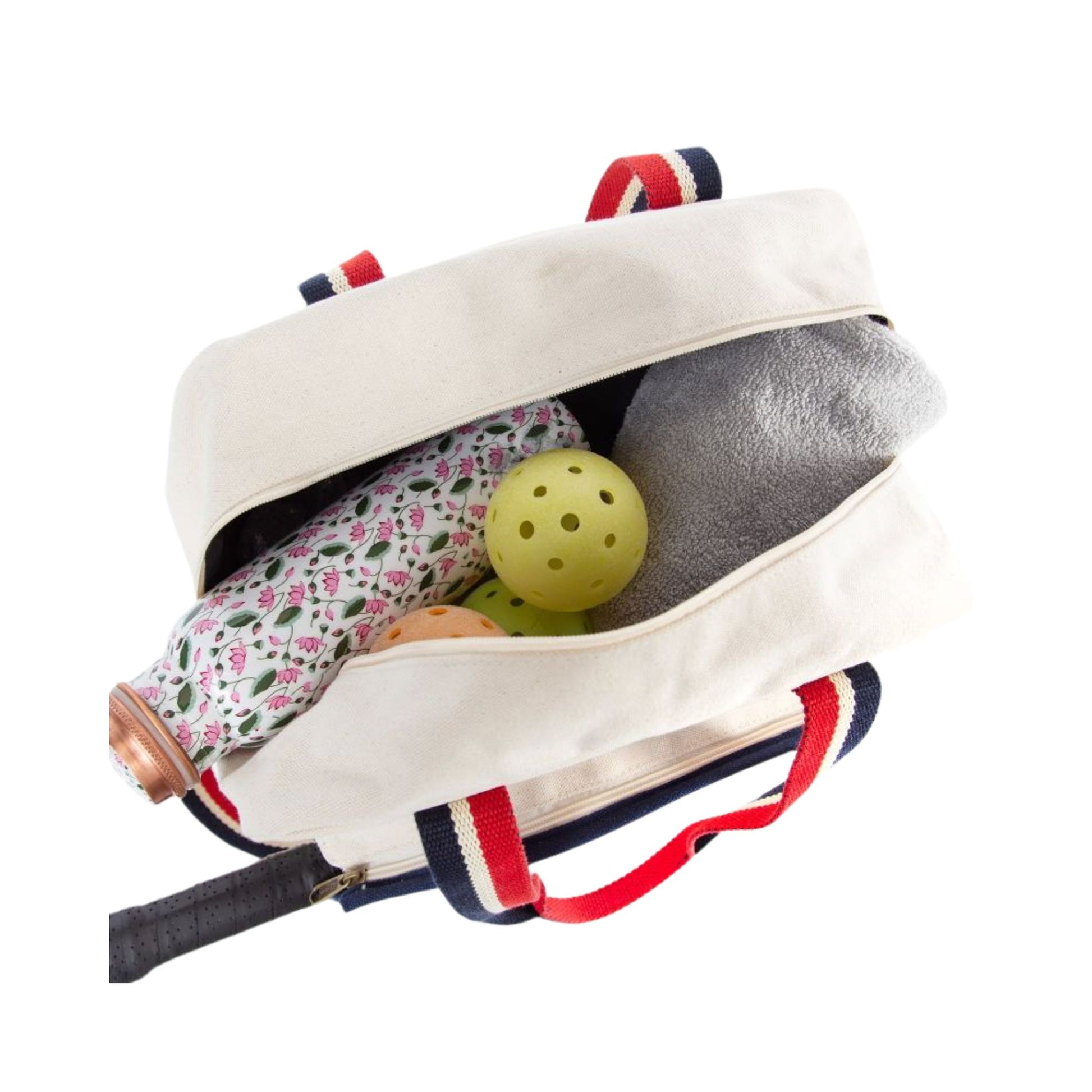 top view of natural canvas pickleball bag showing inside the main bag compartment 