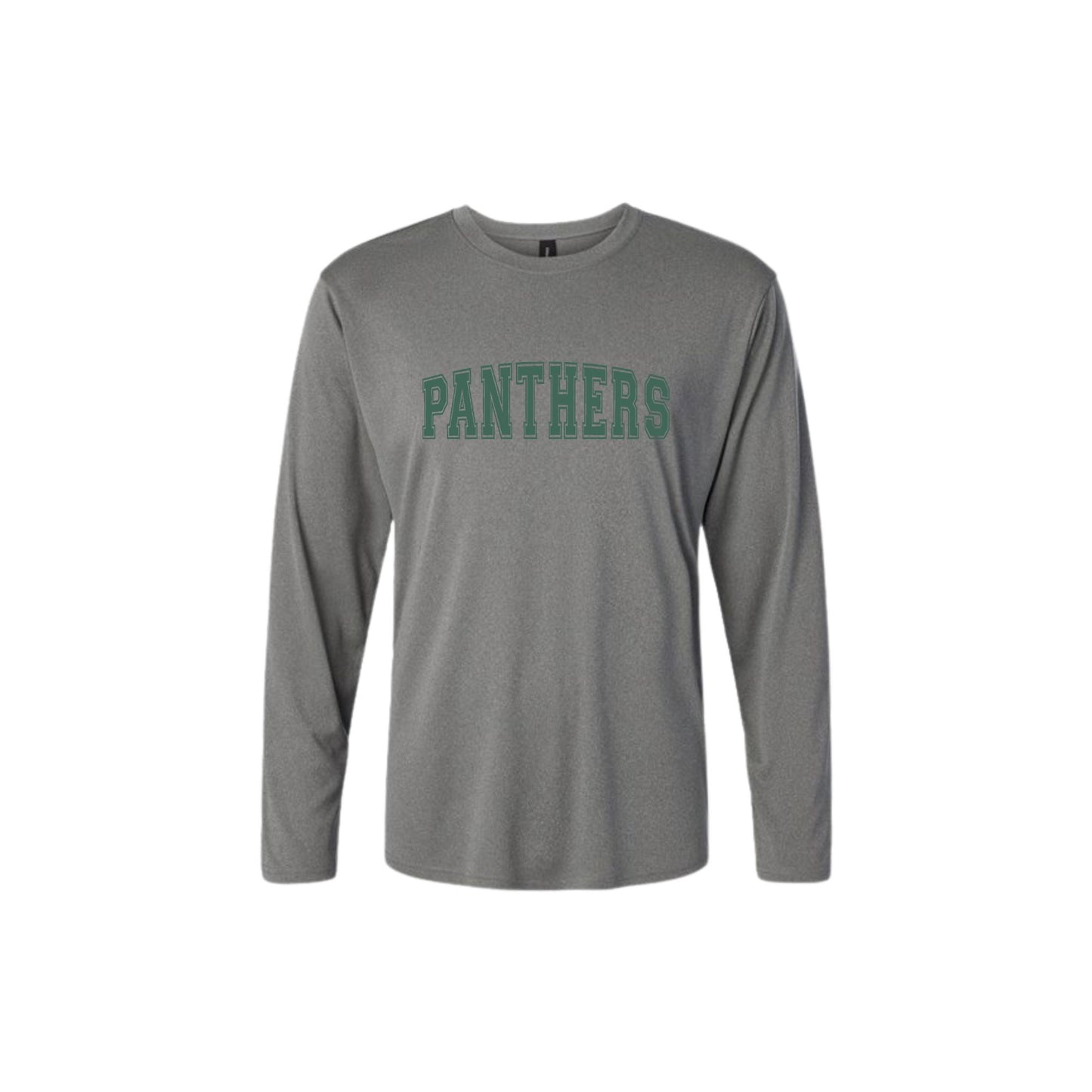 Gray long-sleeve shirt with 'PANTHERS' text on a white background