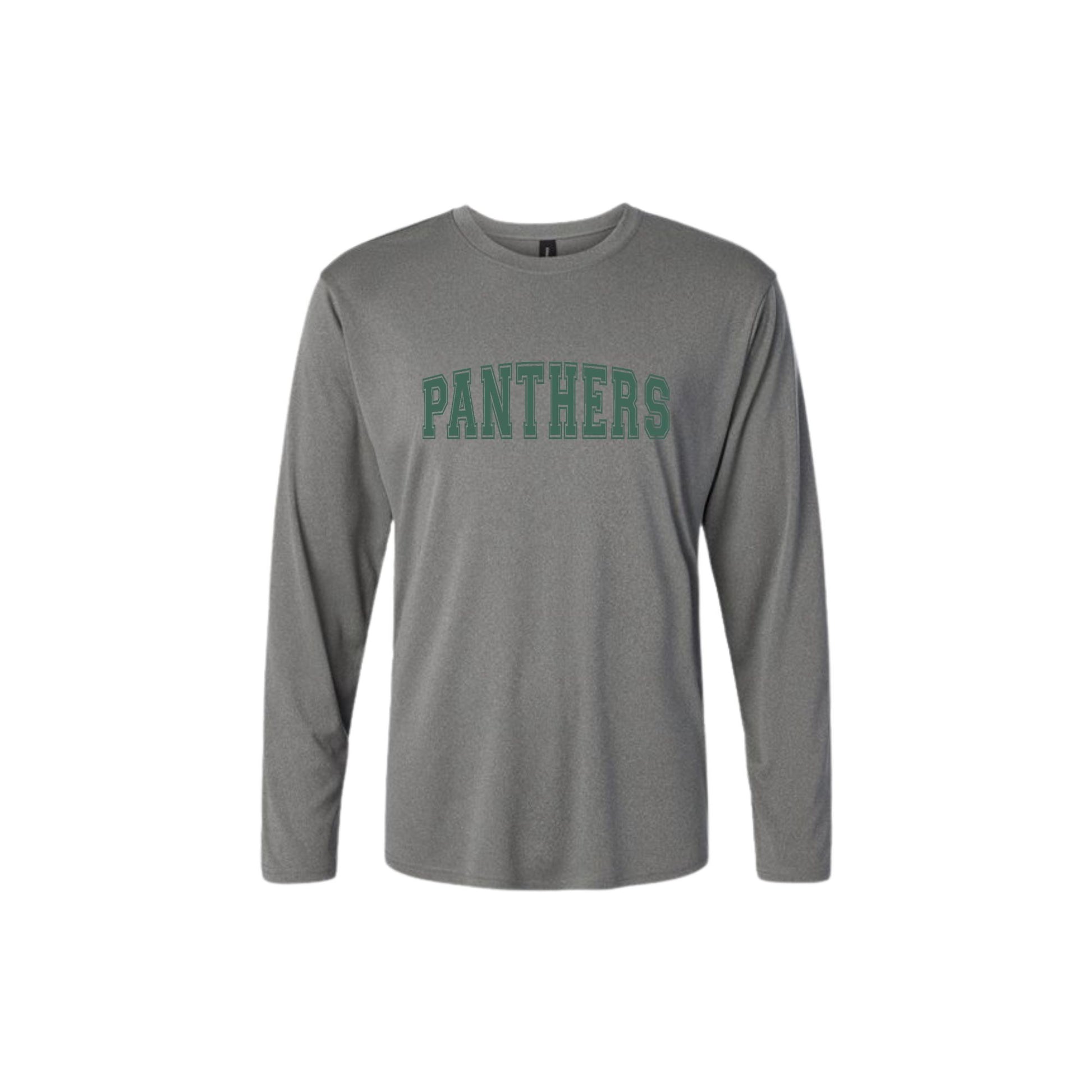 Gray long-sleeve shirt with 'PANTHERS' text on a white background