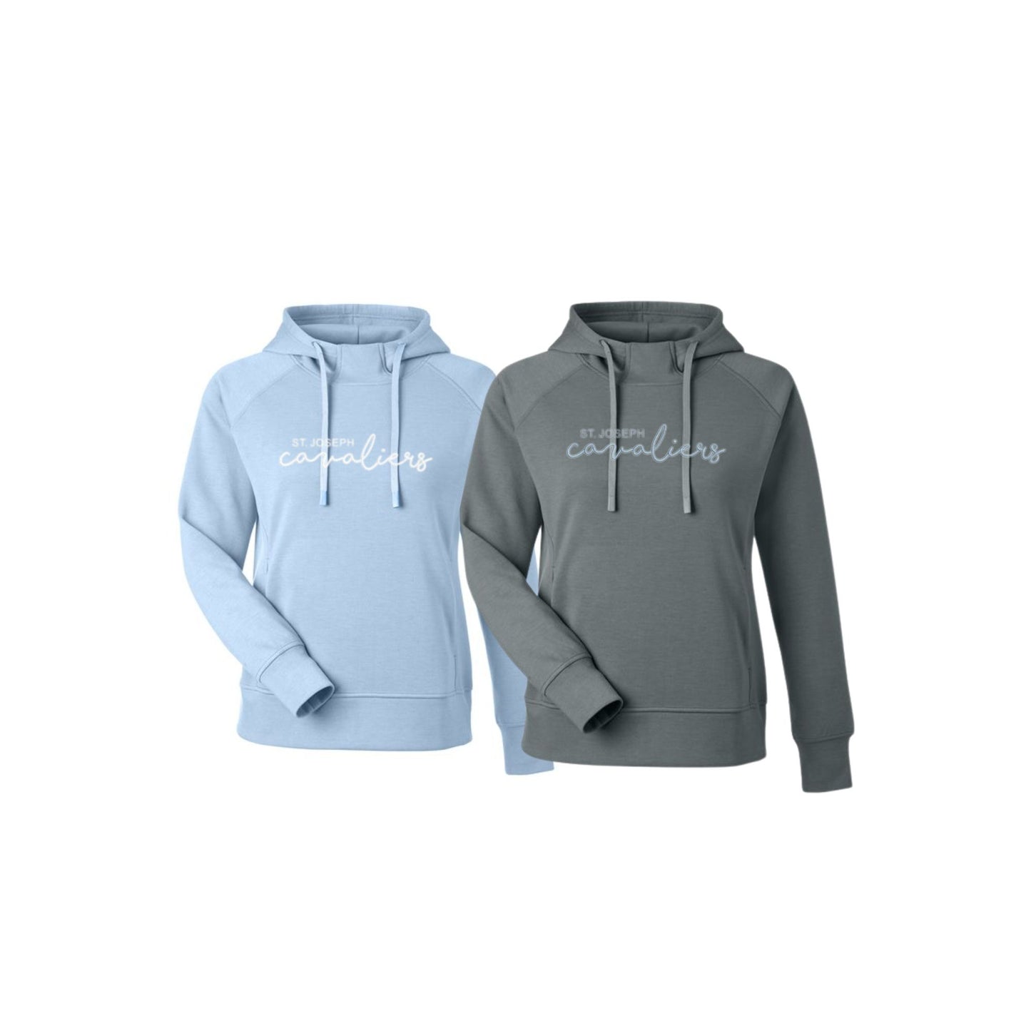 Two hoodies, one light blue and one gray, with ' cavaliers' text on a white background.