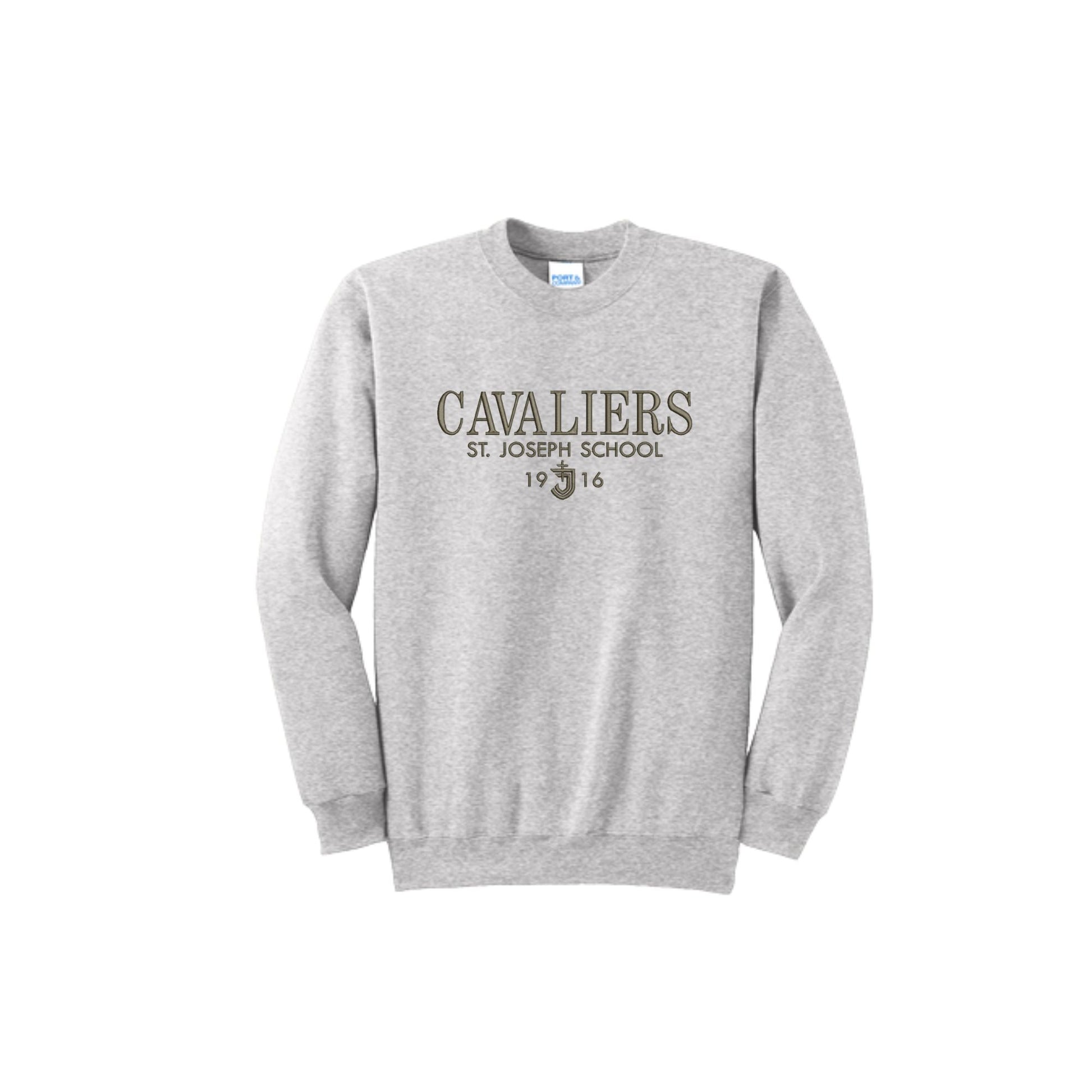 Gray sweatshirt with 'Cavaliers St. Joseph School 1916' text on a white background