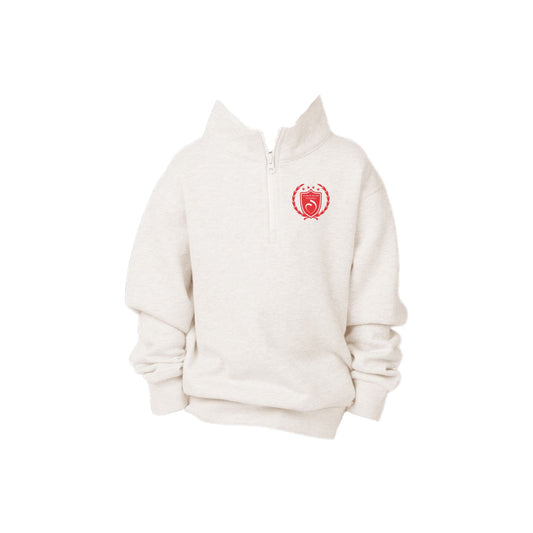 bleached linen youth quarter zip with custom sacred hearts schools red crest printed on the left chest