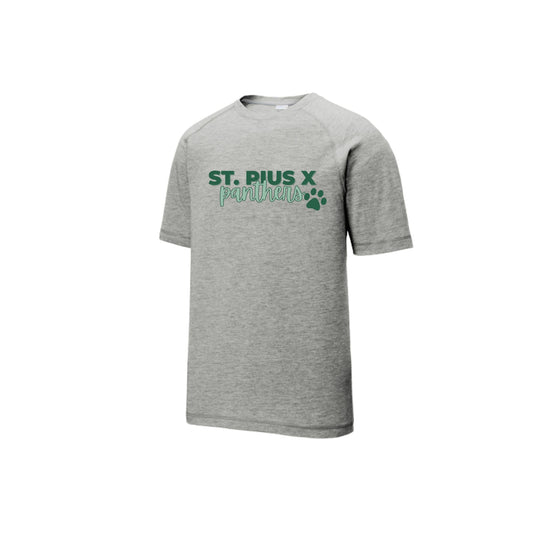 Gray t-shirt with 'St. Pius X Panthers' text on a white background