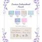 Custom embroidered pouch color and embroidery option chart with floral and text designs.