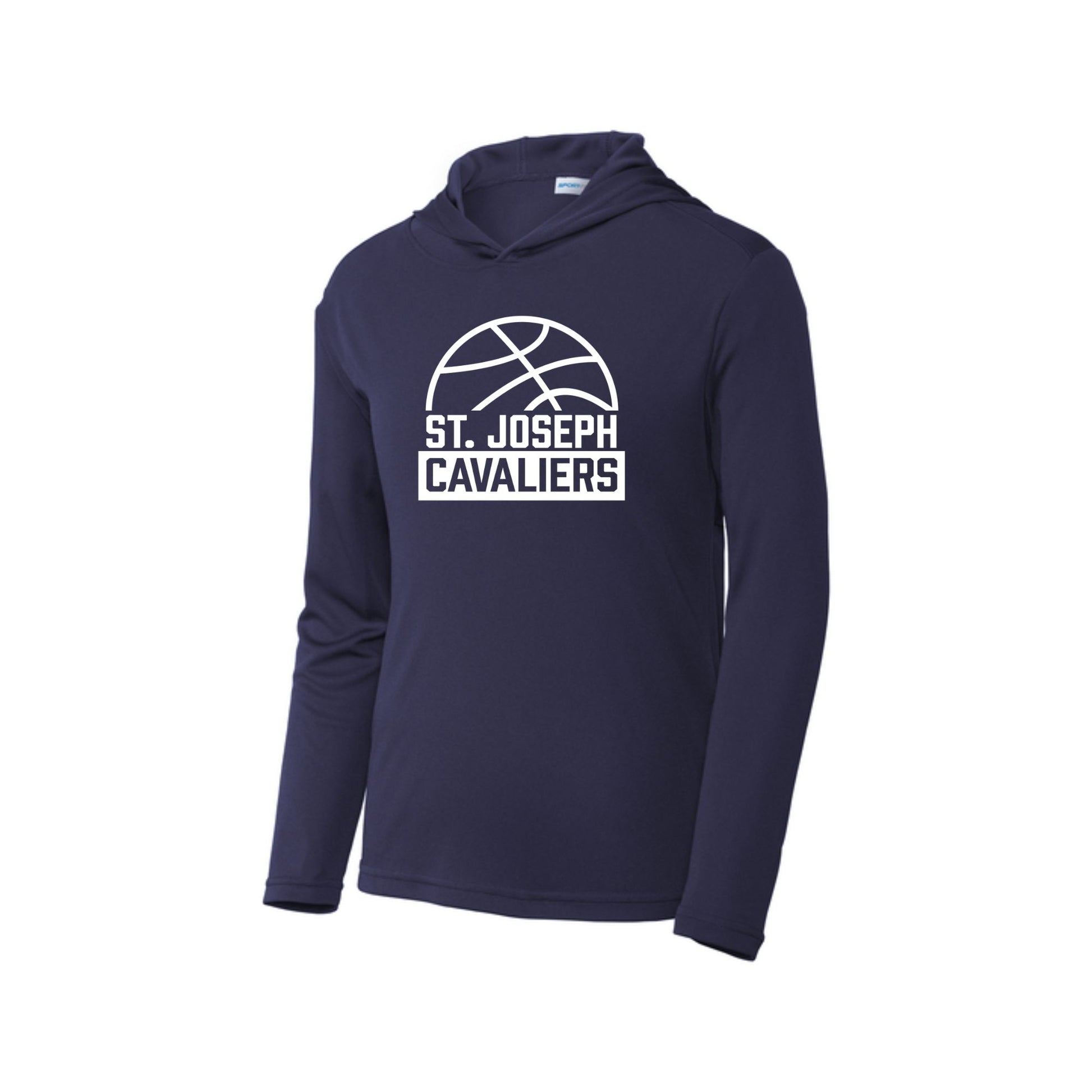 Navy hoodie with 'St. Joseph Cavaliers' basketball logo printed in white on the center chest