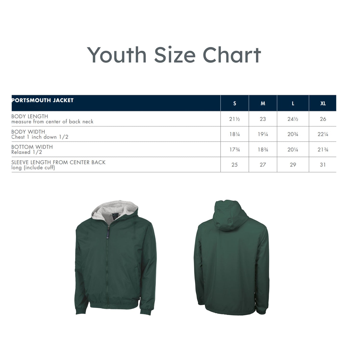 Youth size chart for Portsmouth Jacket with jacket images and measurements.